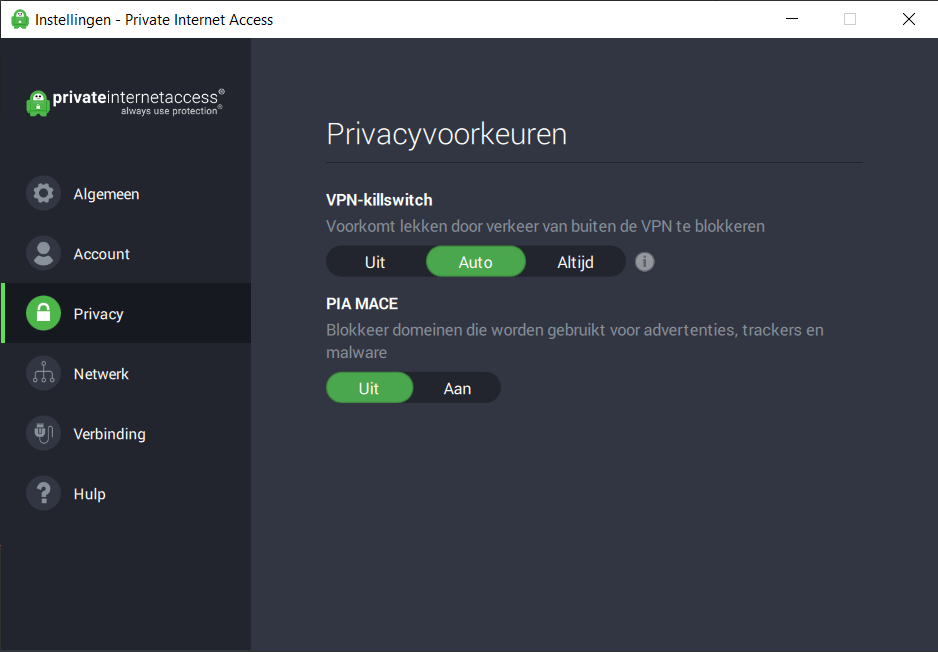 Private Internet Access privacy instellingen