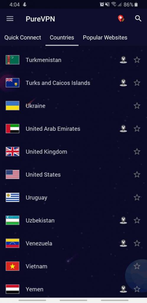 land kiezen Android PureVPN