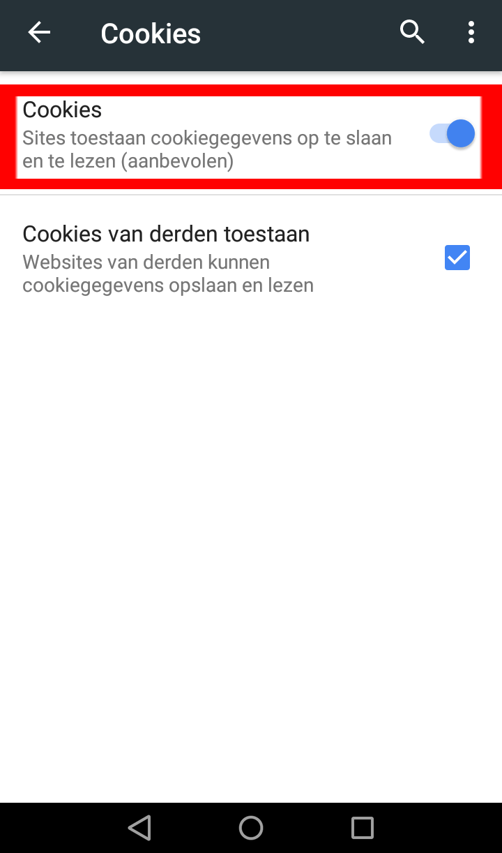 Android Chrome cookies instellen