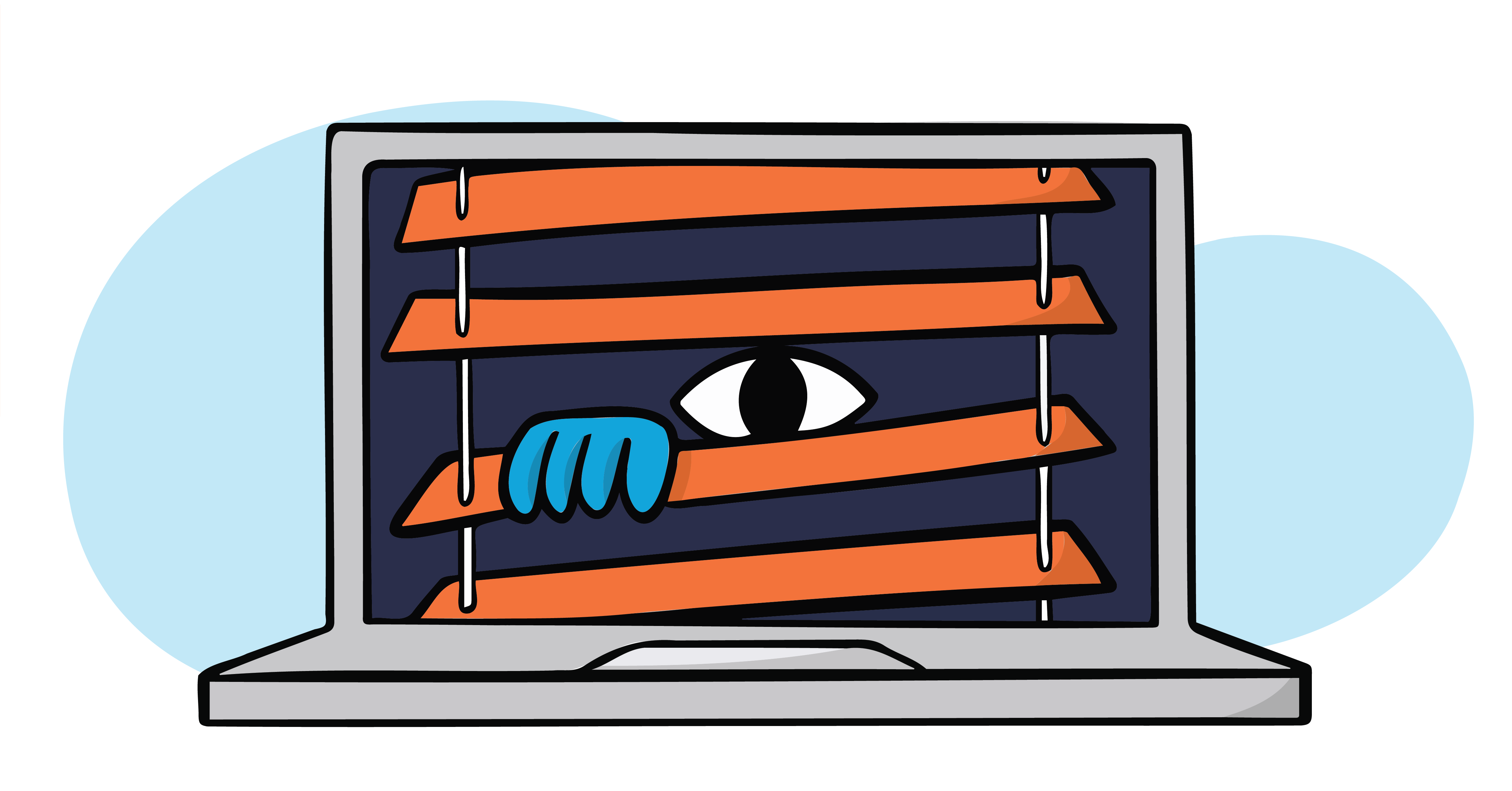 Achter luxaflex bedreigt een spionerend oog vanuit een laptop de online privacy