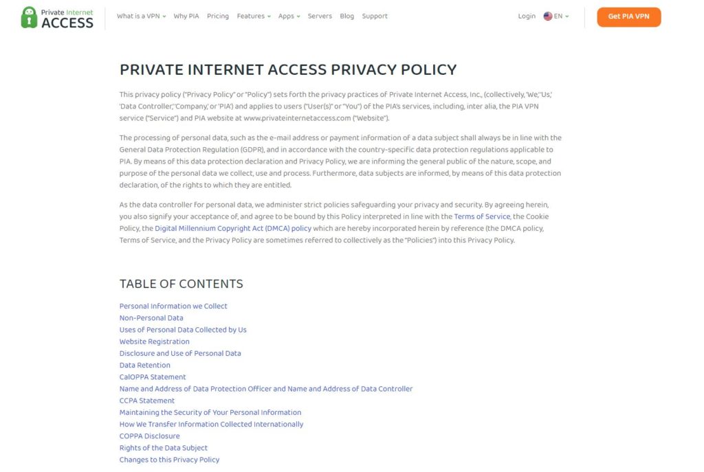pia privacy policy