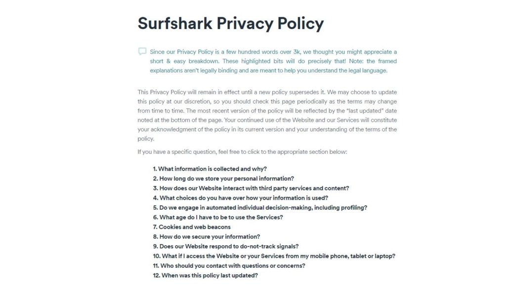 Surfshark privacy policy update