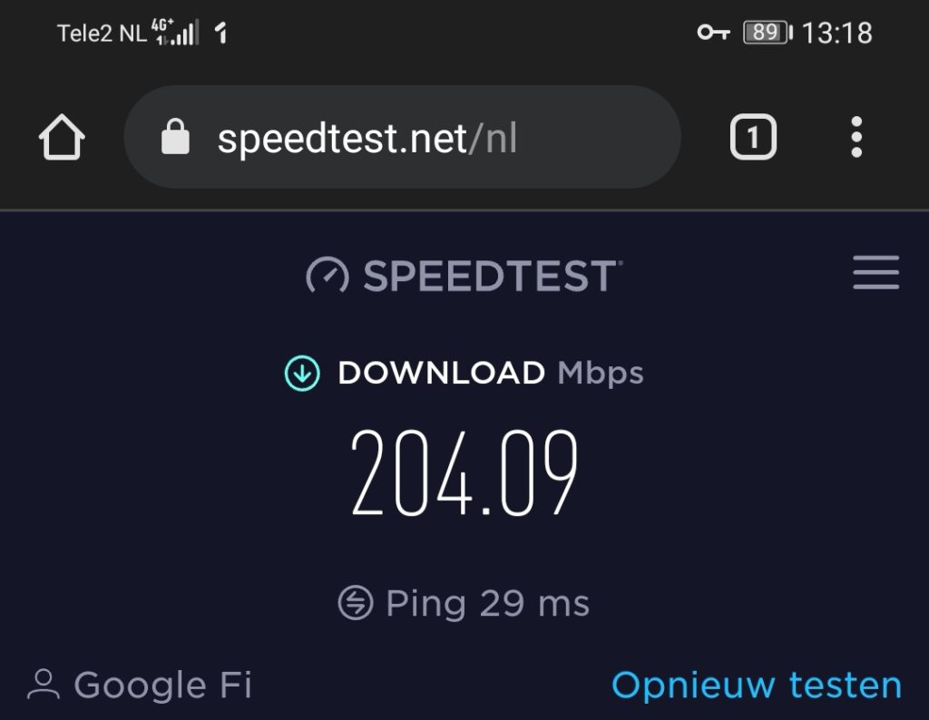 Google One VPN speedtest snelheid